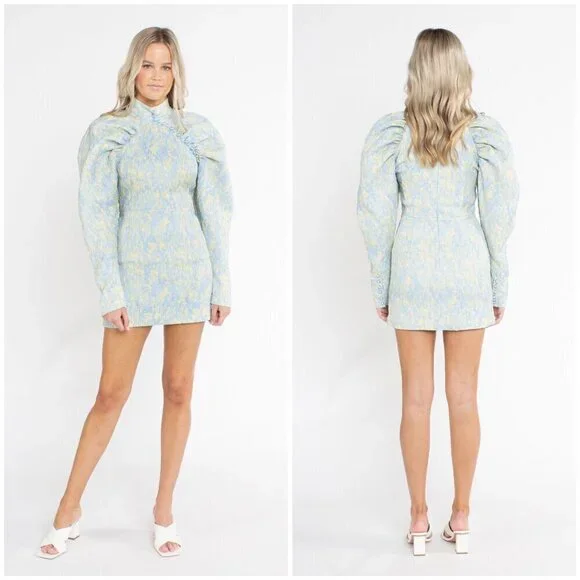 💕ROTATE💕 Button-Detailed Ruched Crinkled-Jacquard Mini Dress Angel Fall 8 NWOT - Picture 9 of 16